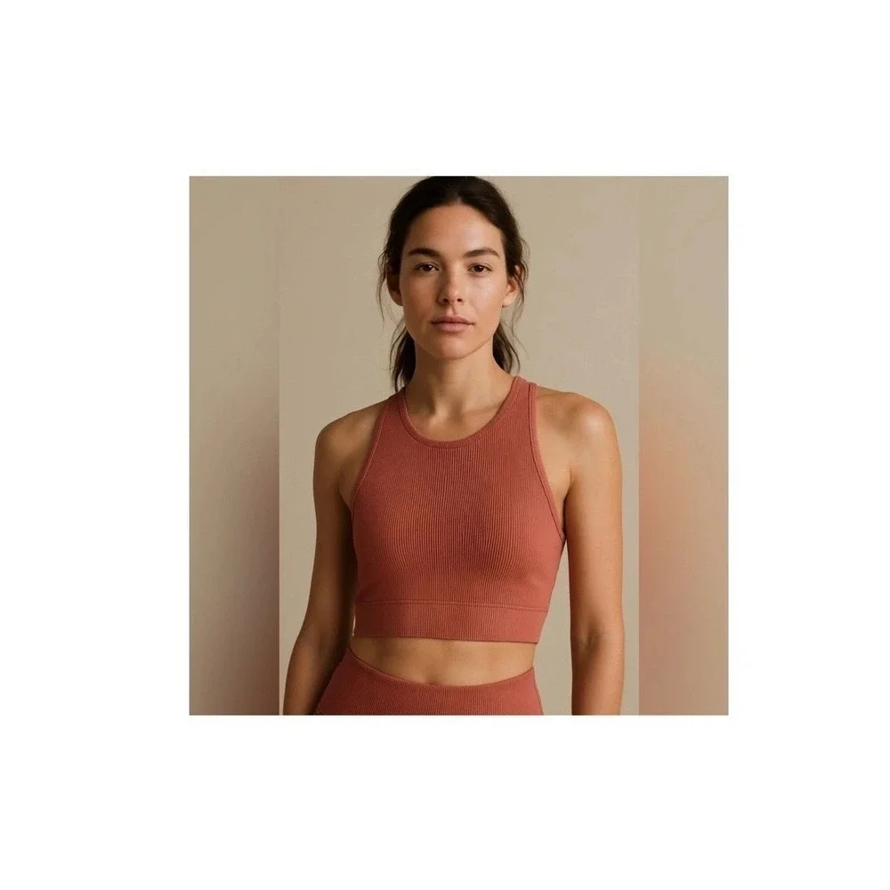 Fashion Nova Ribbed Swim Top Rust Orange High Neck Sporty Bikini Crop XS NWOT